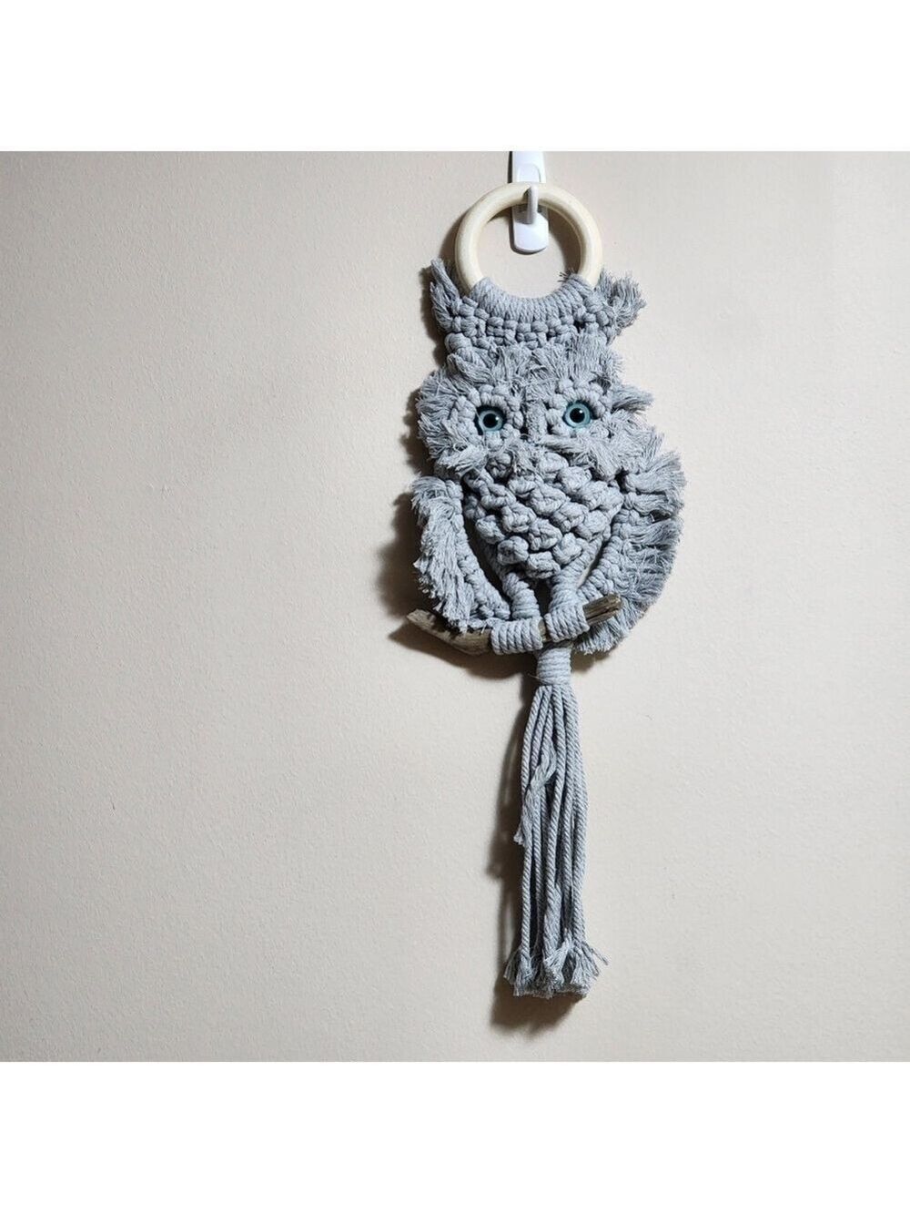 Rustic hand-made macrame wall hanging  owl decor color grey